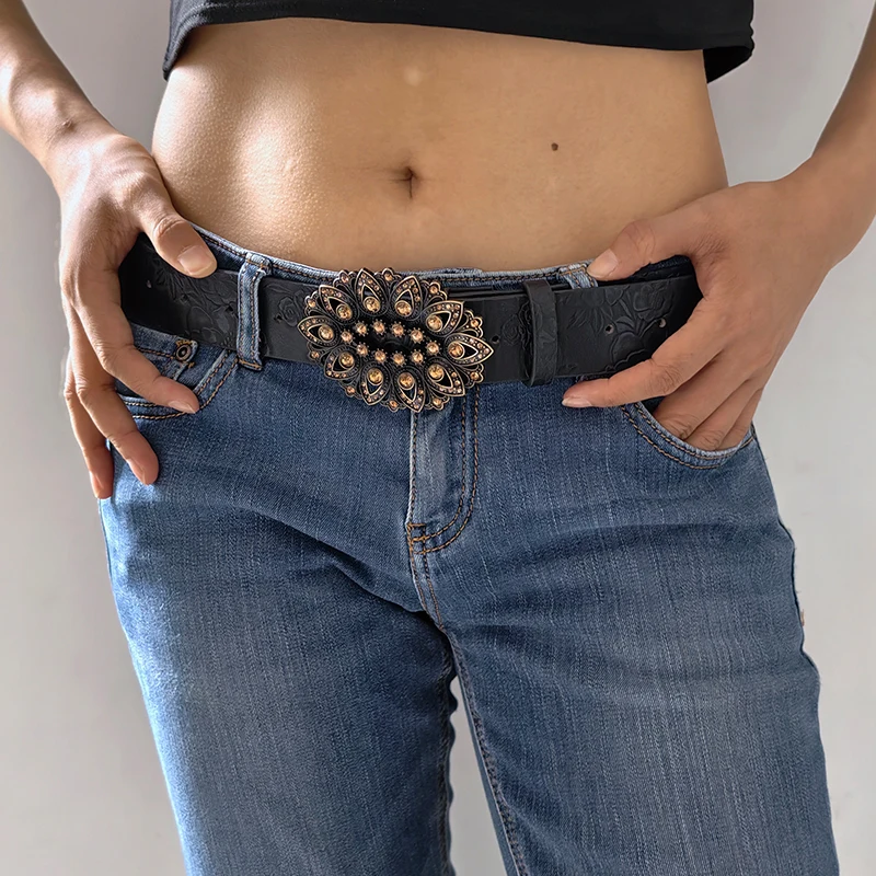 Punk Vintage Flower Belt For Men and Women Y2K Spicy Girl Embossed Waistband Gothic Accessories Western Cowboy Jeans Waist Strap