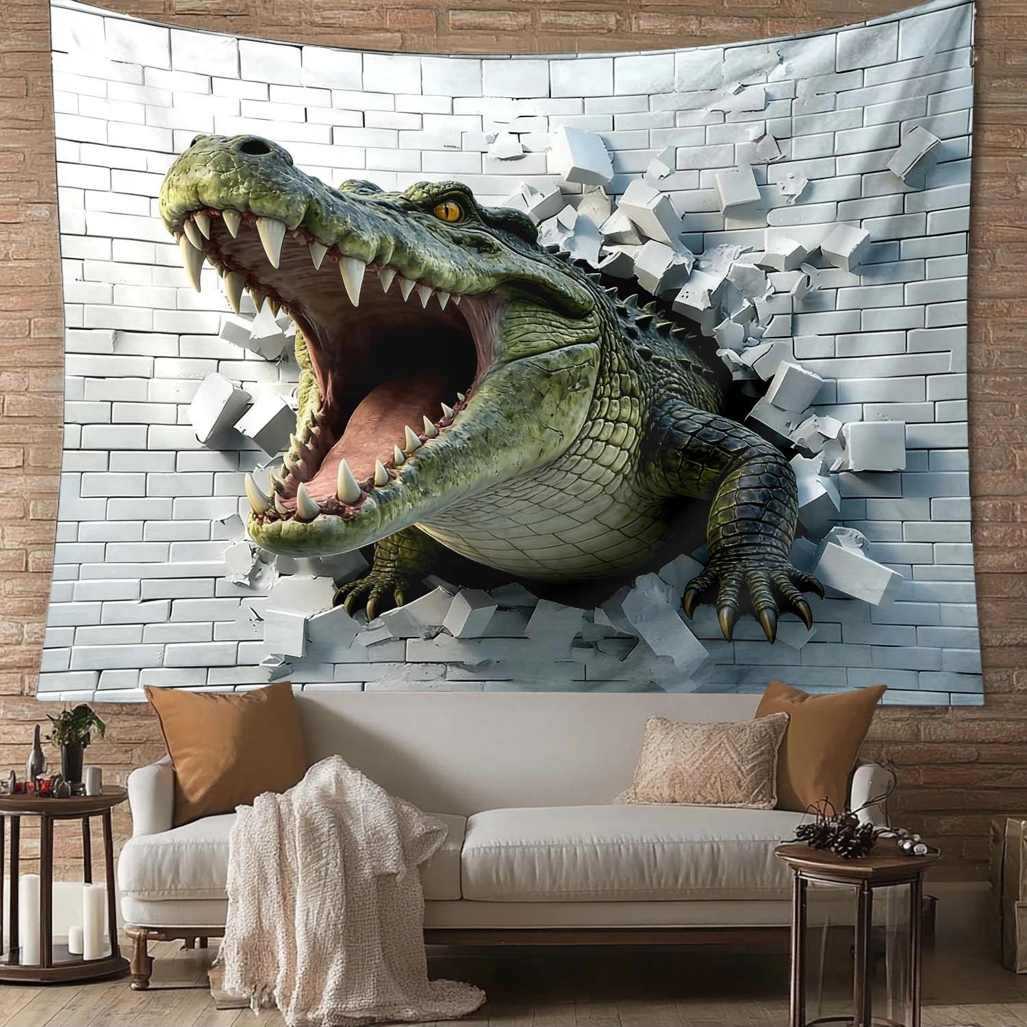 Breaking Wall Crocodile Tapestry, Ferocious Alligator Bursting Through Wall Hanging, Bold Room Decor suitable offices bars party