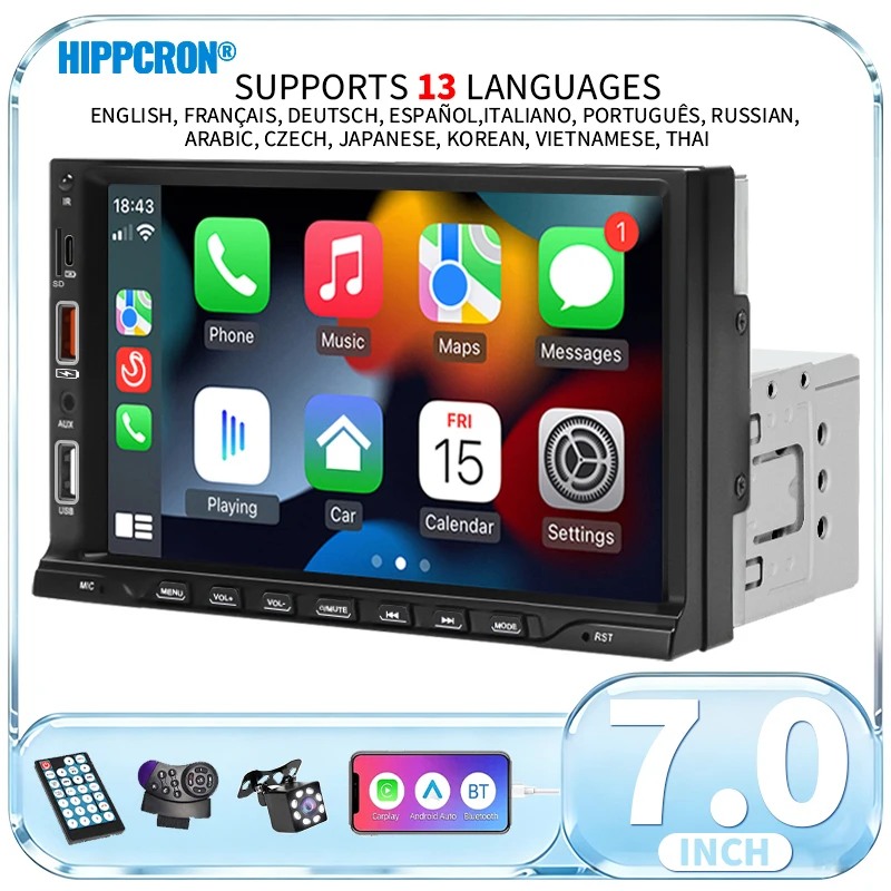 HIPPCRON 7” 1DIN Carplay Android Auto 12V Autoradio MP5 Multimedia-Player FM-Empfänger ISO-Stromversorgung BT5.1 Mirror Link Touchscreen
