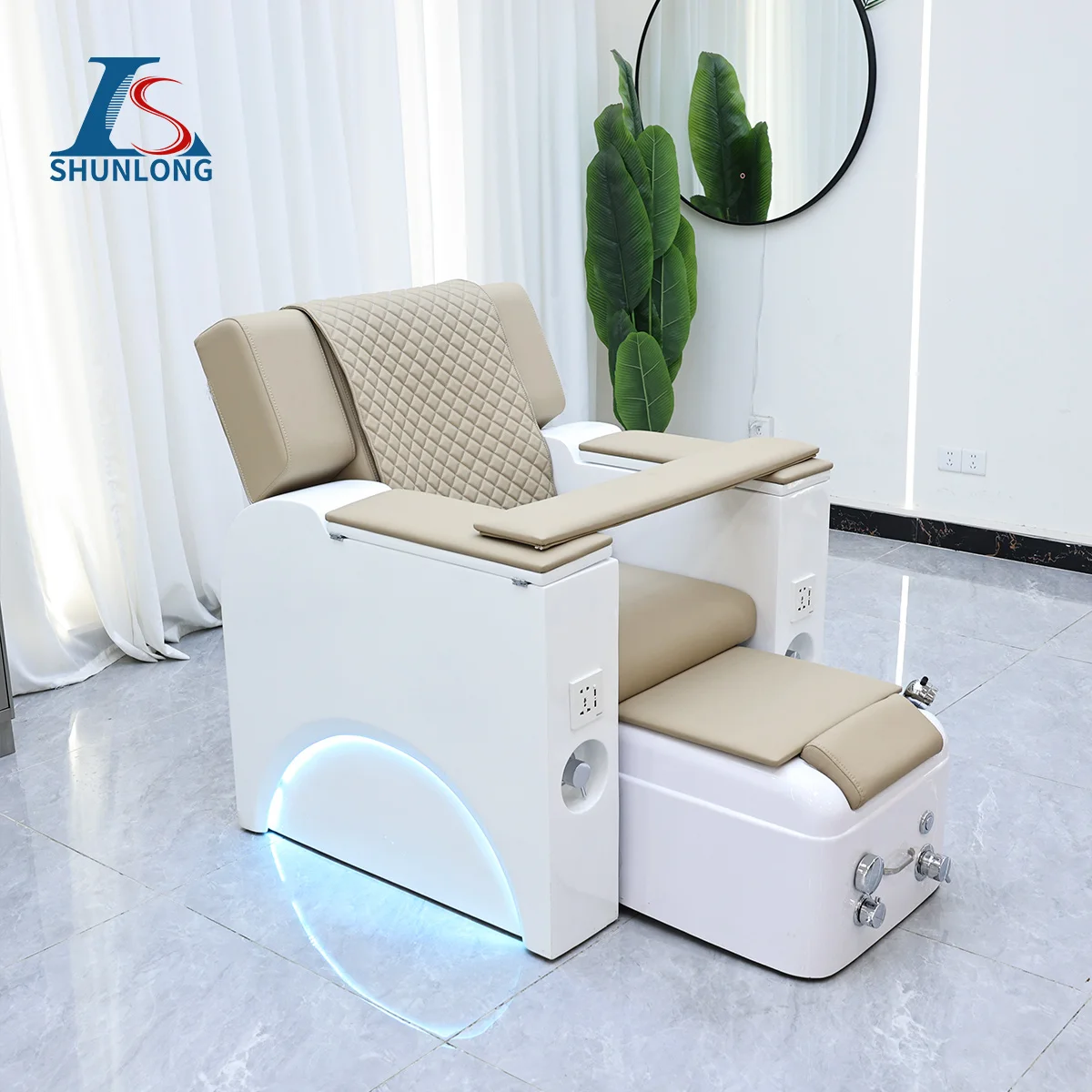 Beige PU Pedicure Spa Chair Reclining Nail Salon Chair with Pull-out Foot Basin & Blue LED Light Beauty Furniture