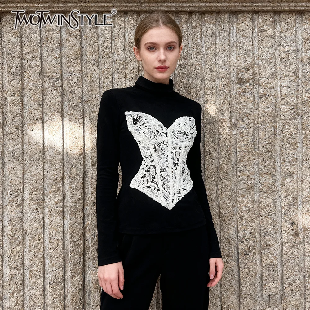 

TWOTWINSTYLE Hit Color Slimming Elegant T Shirts for Women Stand Neck Long Sleeves Patchwork Lace Fashion T Shirt Female Clothes