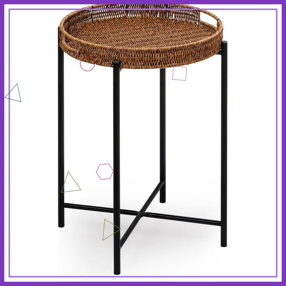 

Маленький плетеный круглый приставной столик со съемным подносом, водонепроницаемый, для использования в помещении и на улице, для патио, гостиной, спальни, офиса