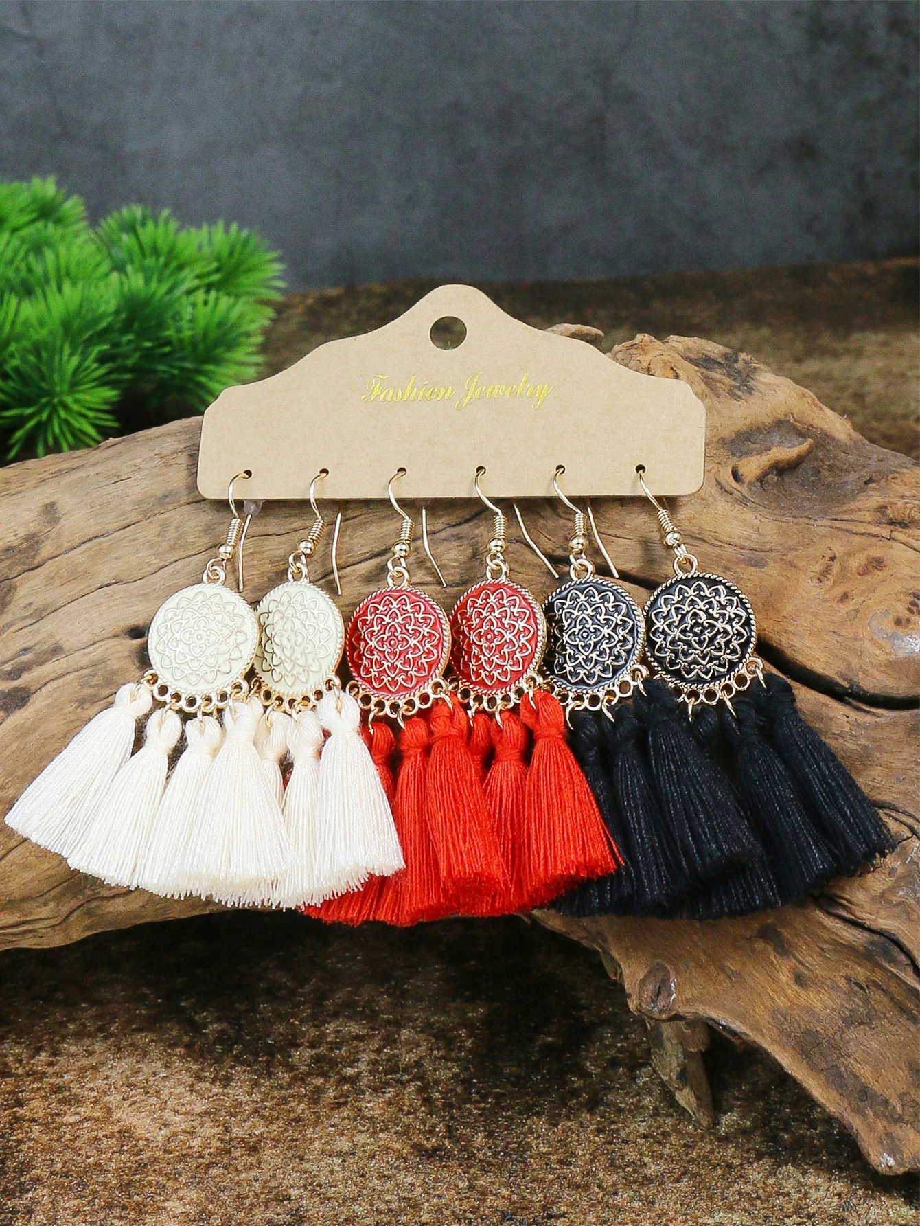 Bohemian Round Colored Glaze Alloy Earring Set Retro Ethnic Style Long Tassel Earrings Women\'s Girls\' Personalized Jewelry