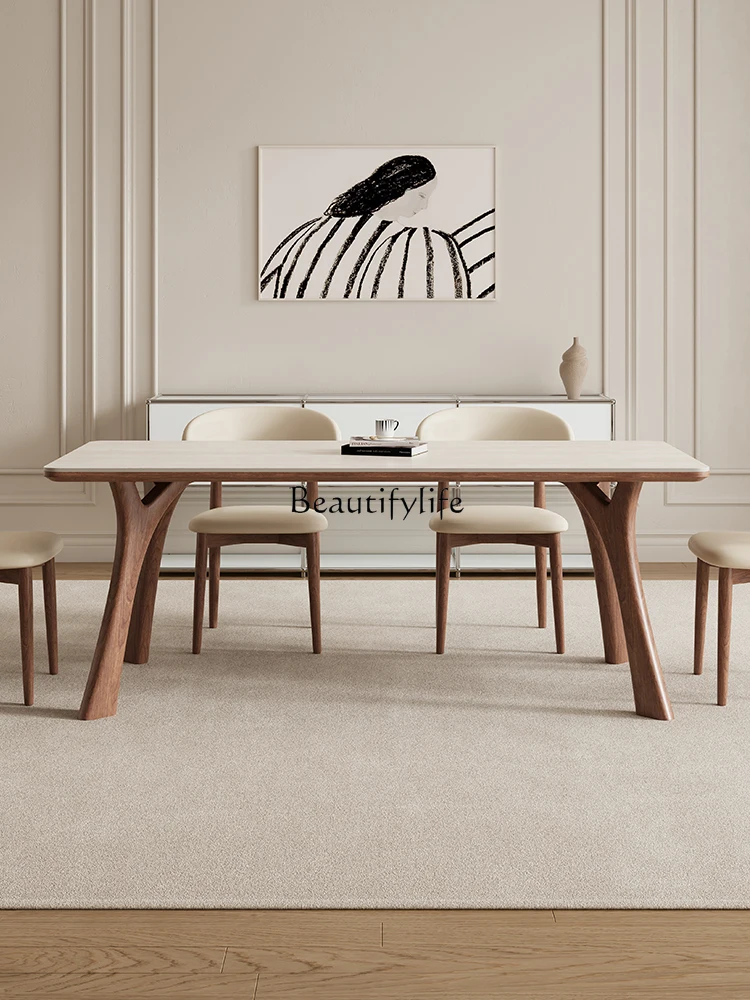 02 Solid wood rock slab dining table French medieval high-end full care designer small apartment rectangular dining table