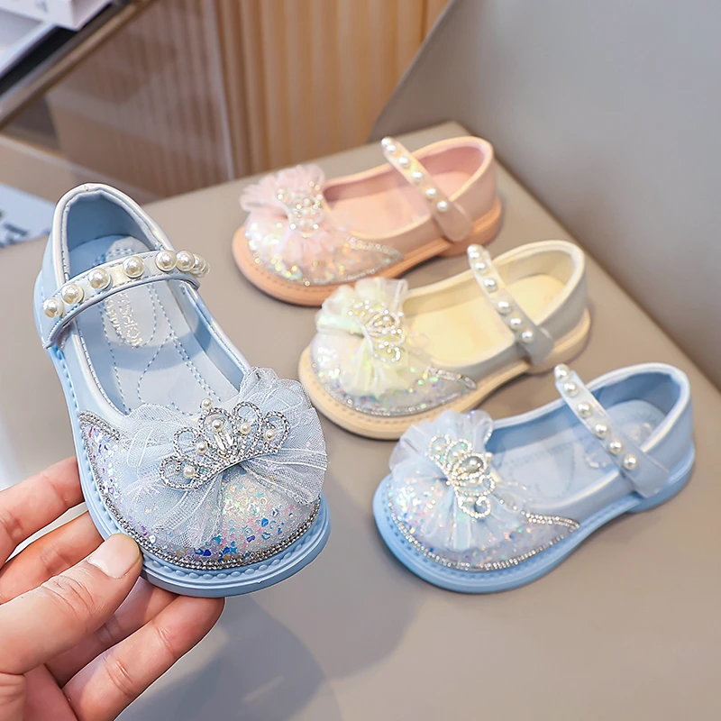 Girls Sequins Princess Shoes Children Crown Performance Shoes with Lace Bow-knot Soft Sole Kids Leather Shoes for Party Wedding