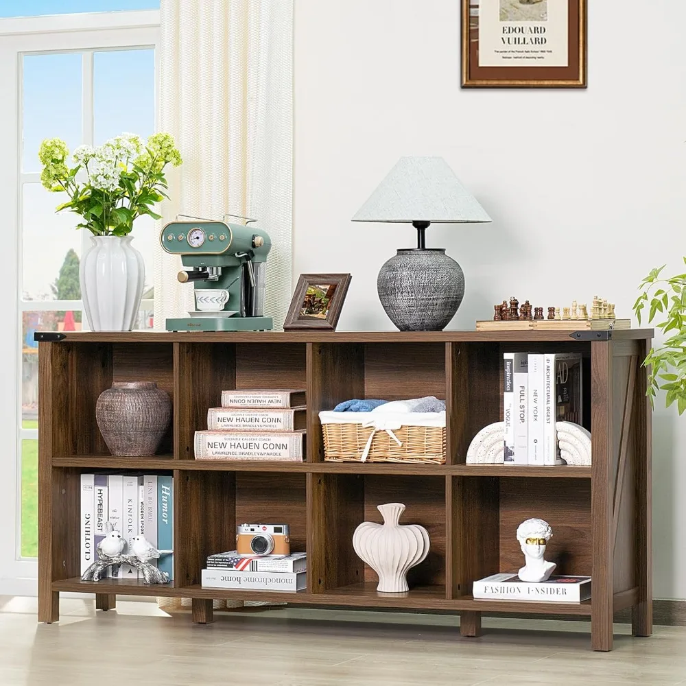 Farmhouse Madeira Longo Armazenamento Organizador Estante, Walnut Console Closet, Horizontal Estante, Brown Estantes, 8 Cube Book Shelf, 62"