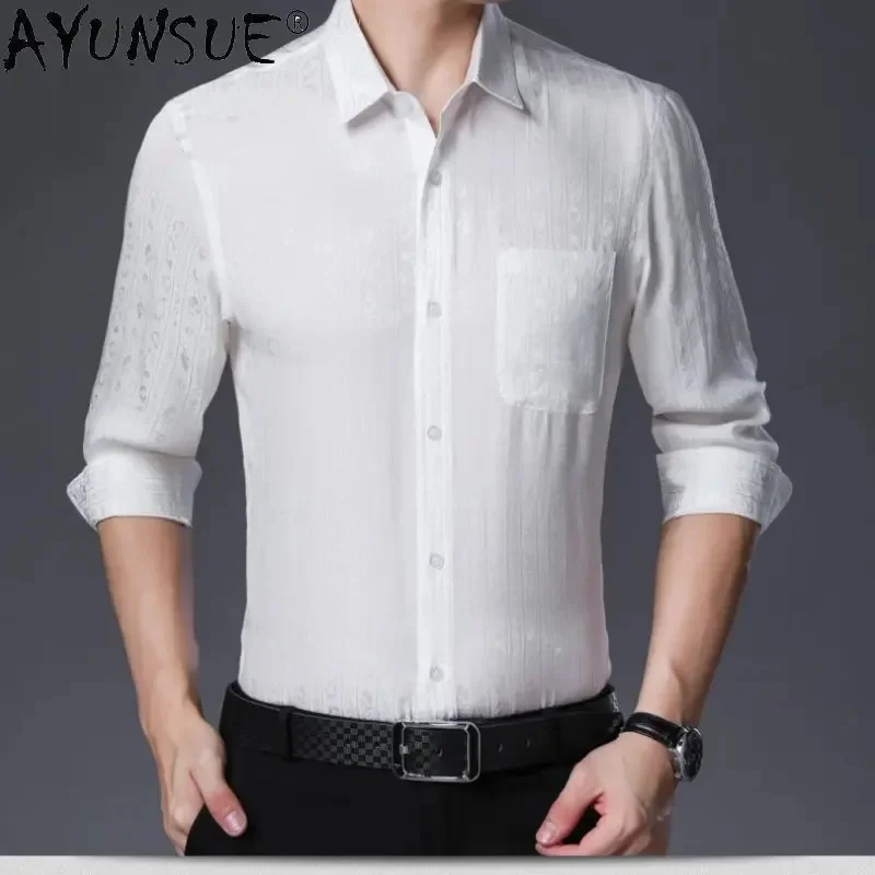 

High Quality 100% Mulberry Real Silk Shirt for Men Long Sleeve Men's Stain Casual Tops Clothing Chemises