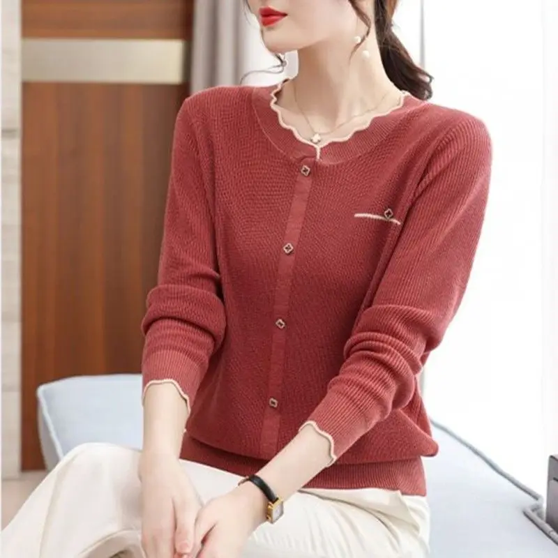 Women\'s Clothing Autumn Winter Solid Color Pullover Sweater Knitted Screw Thread Long Sleeve Round Neck Rivet Casual Tops