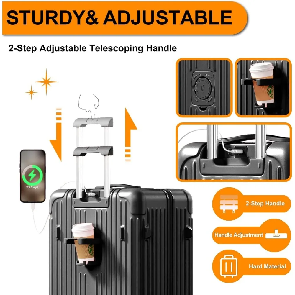 Maletas giratorias de doble rueda con puerto USB, portavasos, cerradura TSA, equipaje rígido de PC + ABS para viajes a cuadros, 28 pulgadas