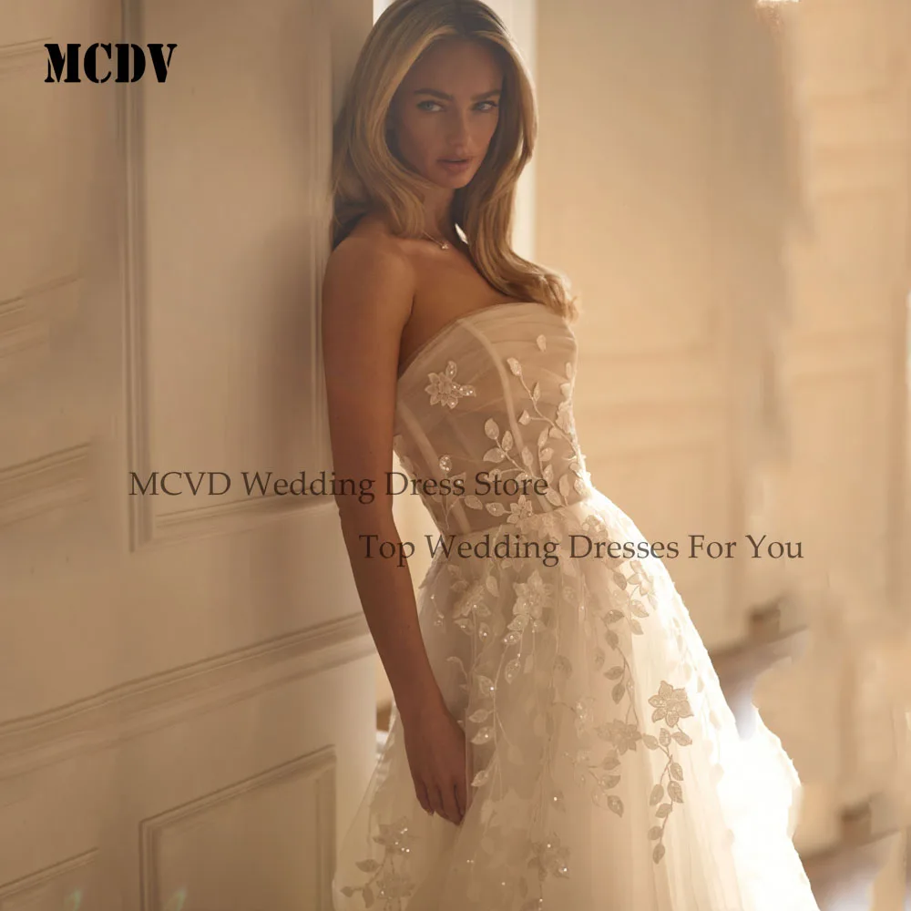 MCDV Bohemian Lace Appliques Abiti da sposa Senza maniche A-line Tulle Abiti da sposa Sweep Train Robe De Mariée Personalizzato