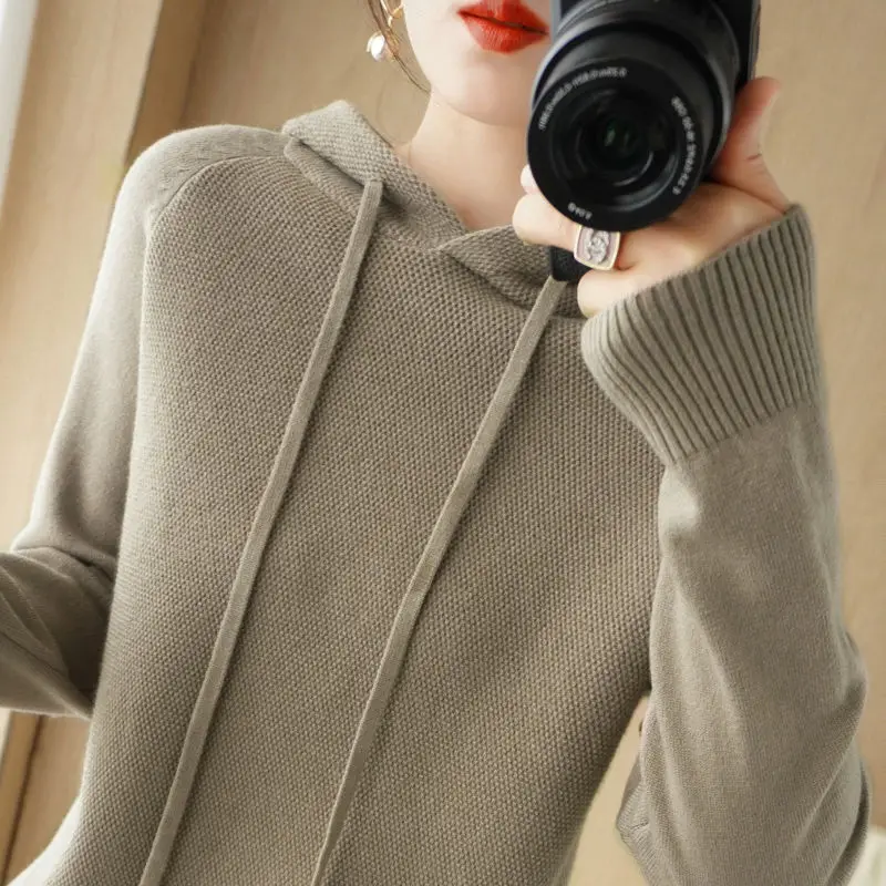 Basic Solid Color Hooded All-match Sweaters Autumn Winter Long Sleeve Drawstring Loose Female Screw Thread Knitted Jumpers 2023