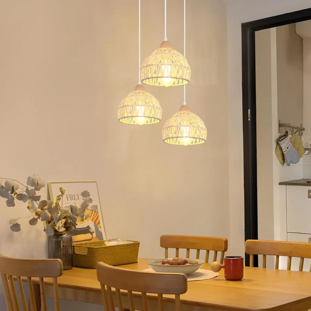 1/3 Heads Hemp Rope Woven Pendant Light Shade Vintage Industrial Rattan Hanging Lamp Wood Ceiling Chandelier Lighting Fixtures