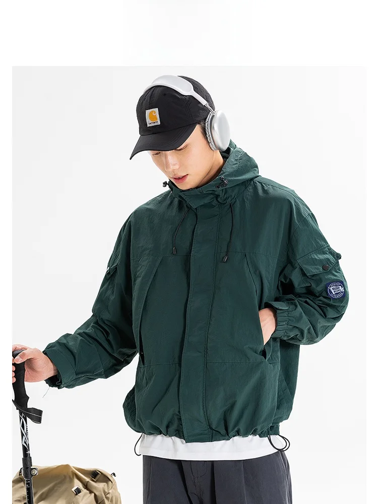 Wassup Blueo للرجال تي شيرت مقاوم للرياح ومقاوم للماء Jaet ملابس خارجية لربيع الخريف فضفاضة تناسب البوليستر والنايلون