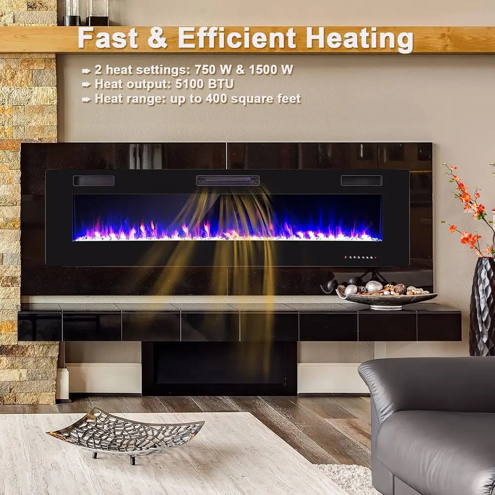 68 Inches Ultra-Thin Electric ireplace, 5100 Reced and Wall Mounted ireplace Insert with Remote Control, Log and Decorative Crys