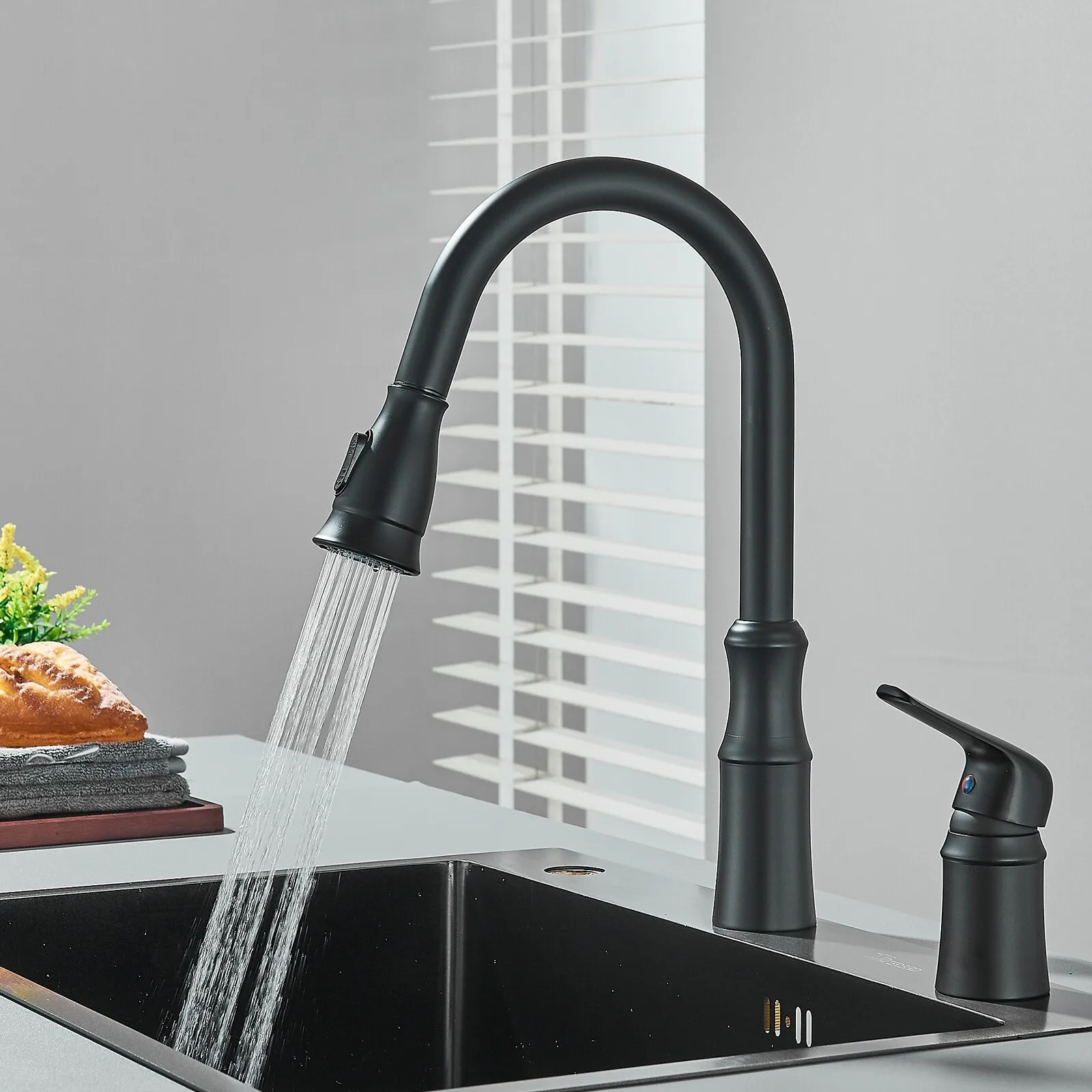 

Matte Black Kitchen Faucet Sink Mixer Pull Down Sprayer Swivel Spout Deck Mount