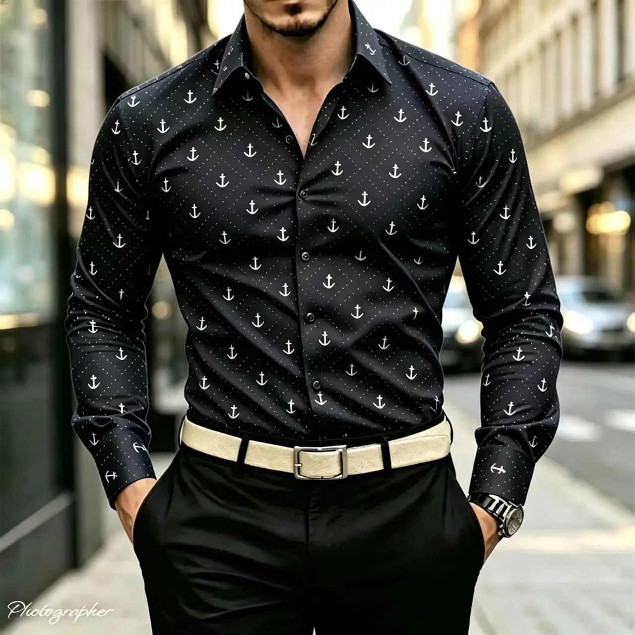 Men's long sleeved shirt, Haipai top, anchor wave printed shirt, comfortable and fashionable, casual business men's clothing