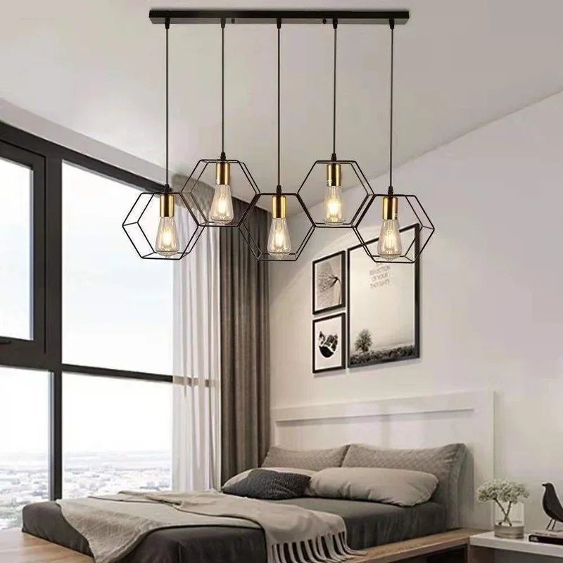 Modern Creative LED Chandelier Hanging Light Geometric Metal Frame Lamp Suitable For Restaurant Bedroom Above the Dining Table