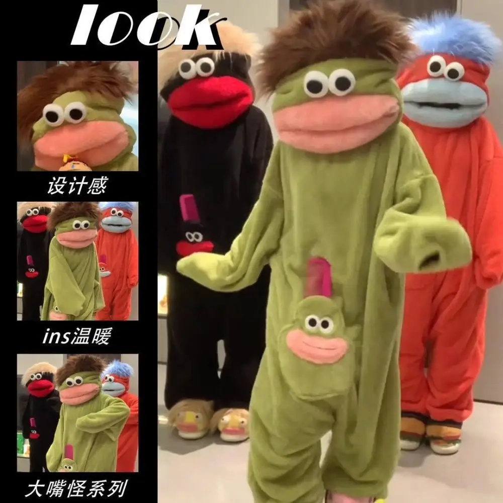 New Big Mouth Monsters Cute Funny Jumpsuit Pajamas Couple Coral Fleece Homewear Men Women Autumn Winter Cartoon Loungewear Gift