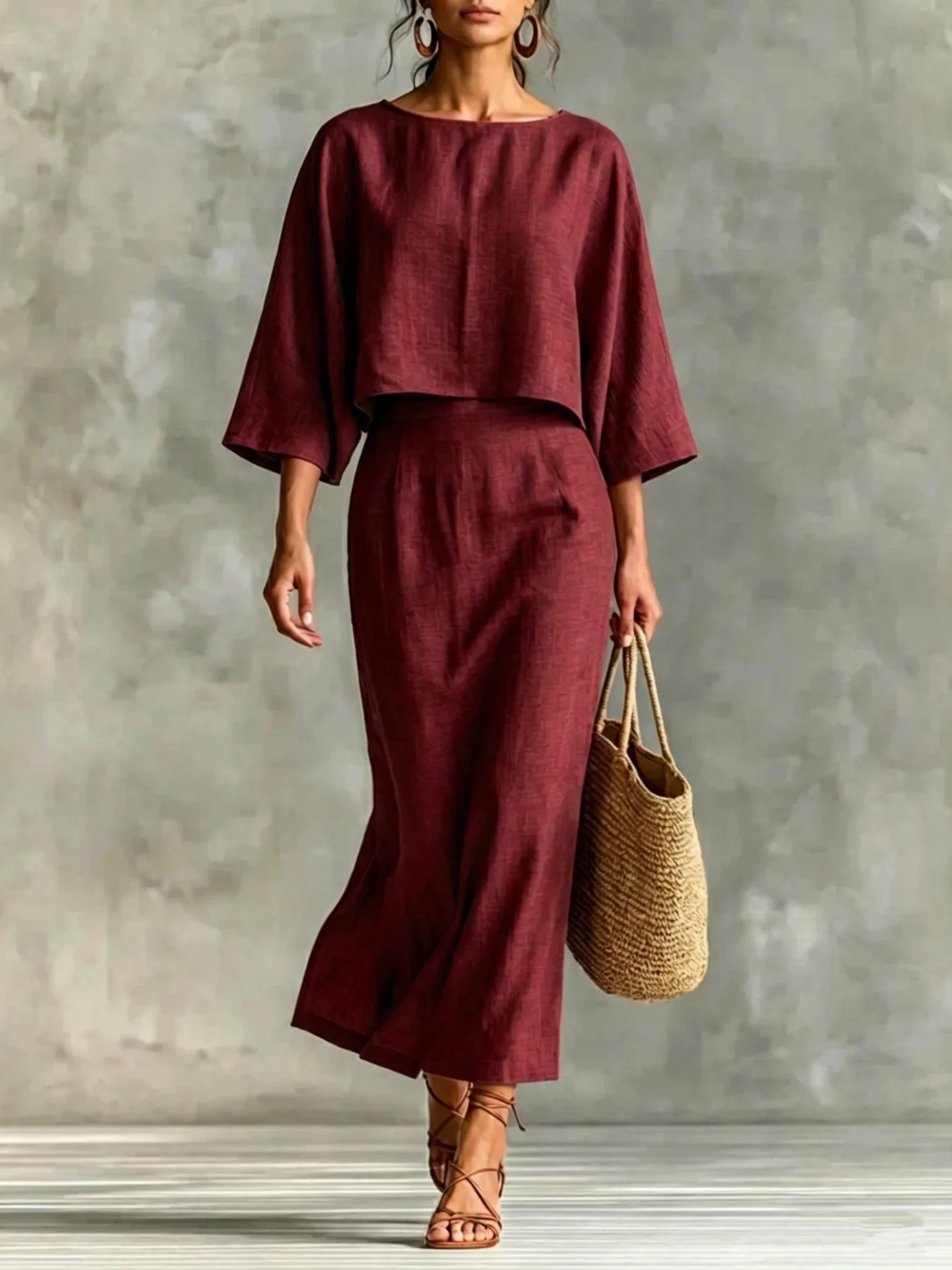 Women 2 Piece Outfit Sets Solid Casual Loose Top High Waist Midi Skirt Matching Suit Elegant Office Holiday Two Piece Skirt Set image 5