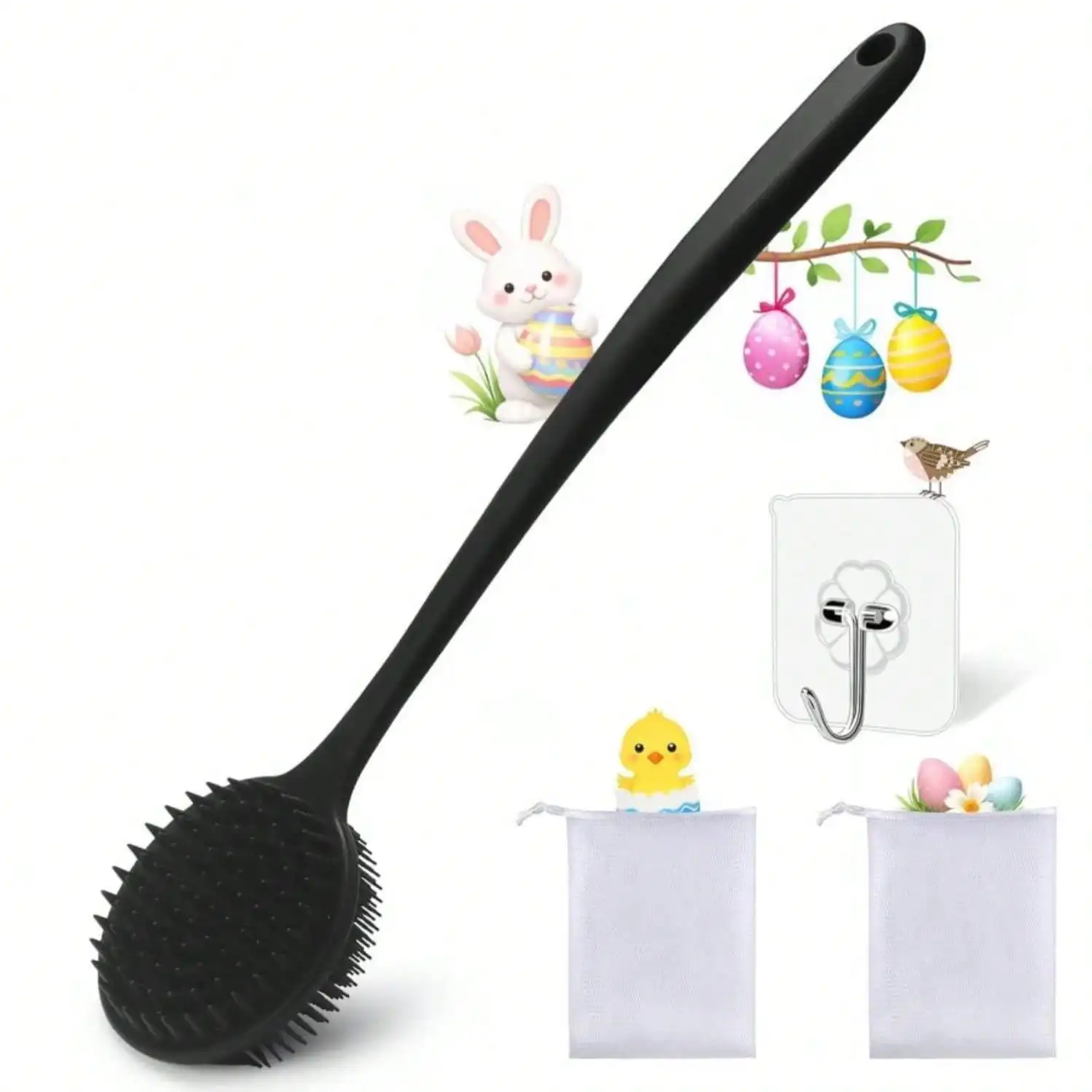 

Silicone Body Scrubber For Shower Men Women U2013 Dual-Sided Exfoliating &Amp; Massage Shower Brush With Long Handle, Creates Rich Lather, Includes 1 Hook &Amp; 2 Lather Balls (Black).