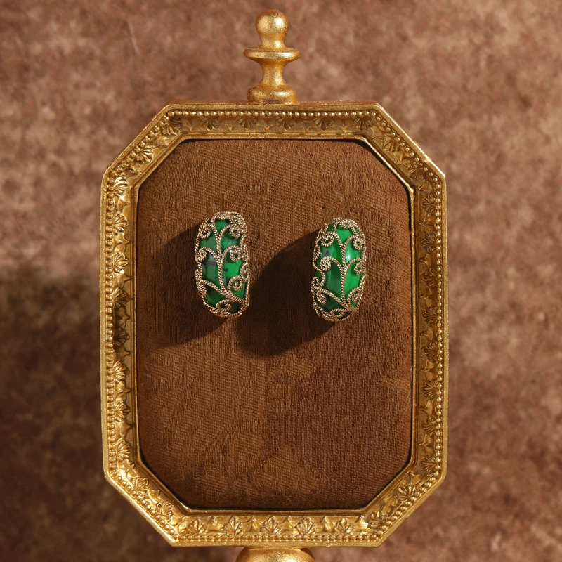 خمر قصر زهرة الأخضر الأقراط المزجج الحجر الطبيعي امرأة الجوف خارج العتيقة الذهب اللون الفاخرة جودة مجوهرات عيد الميلاد #4