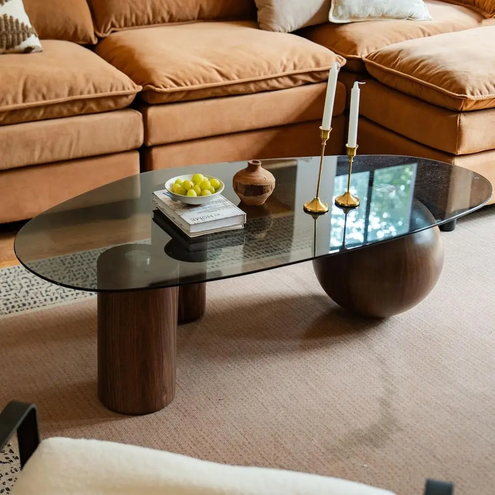 

Elegant 55 Oval Glass Coffee Table with Walnut Legs and Curved Top for Living Room or Bedroom