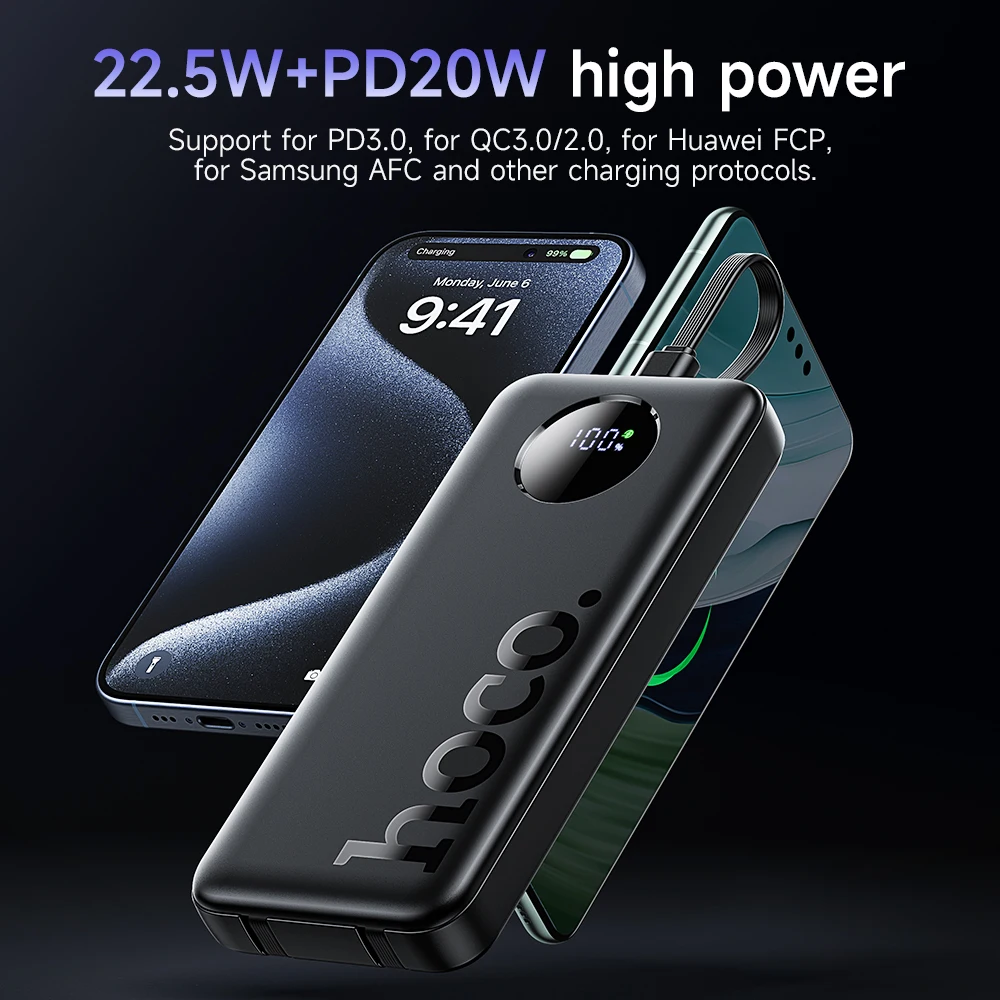 HOCO 22.5W PD20W Fast Charging Power Bank with 3 Cables 10000mAh Portable Extra Battery with LED Digital Display Phone Tablets