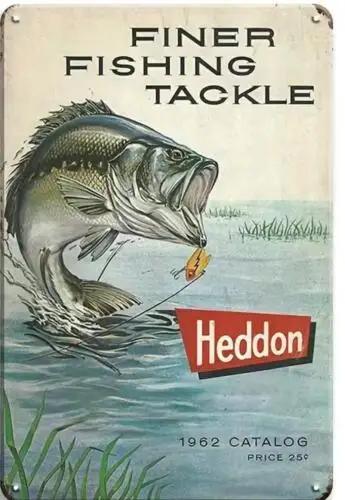 FISHING HEDDON METAL TIN SIGN FINER FISHING TACKLE 1962 CATALOG WALL ART sign