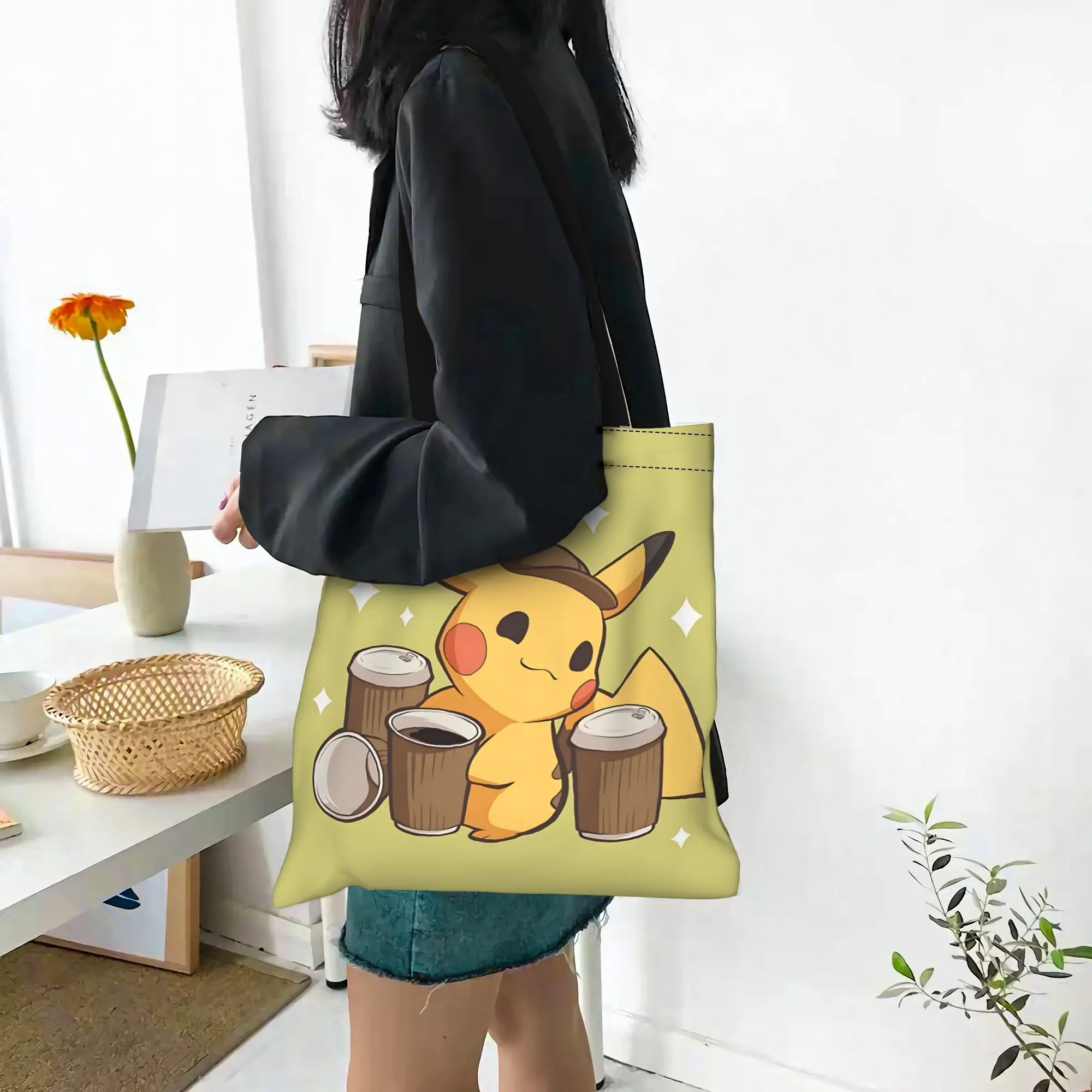 Customized Cartoon Pokemon Theme Women's Bag Campus Handbag Large Capacity Pikachu Meme Canvas Tote Bag Foldable Chic Pattern