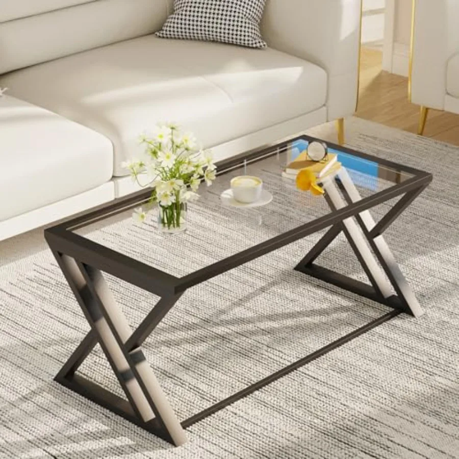 

Coffee Table Coffee Table for Living Room, Modern Rectangular Center Table with Sturdy Metal Frame, Tempered Glass Table Tea Ta