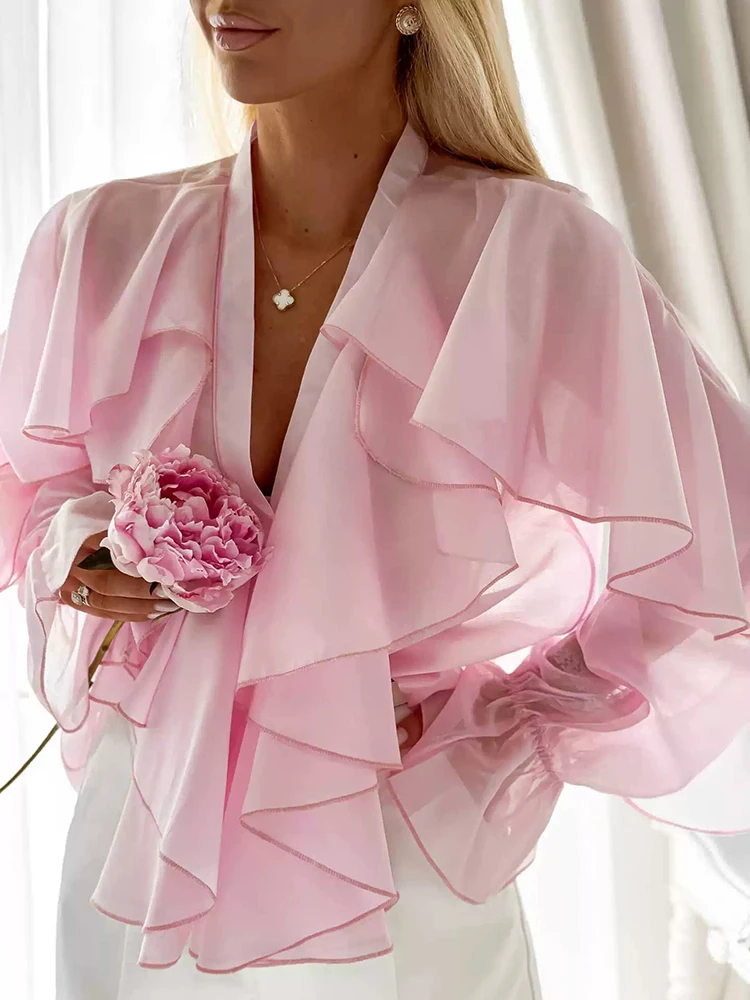 

Women Elegant Commute Chiffon Shirt Summer Casual Long Sleeve Solid Holiday Tops 2026 Spring Sexy V-neck Ruffle Design Blouse
