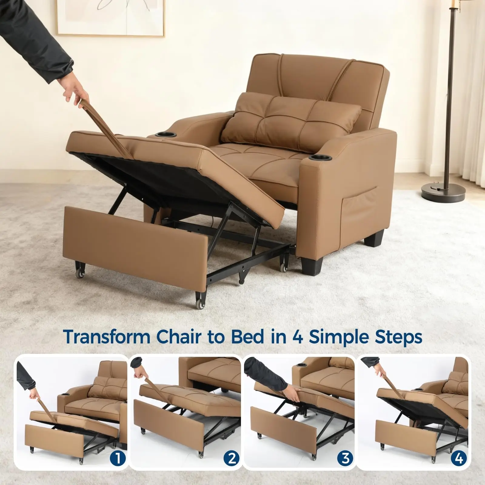 3-in-1 Convertible Sleeper Chair Bed, Modern Pull-Out Sofa with Adjustable Backrest, USB Ports, Cup Holders & Side Pockets, Space-Saving for Living Room, Bedroom, Small Spaces, Brown/Black/Gray image 4