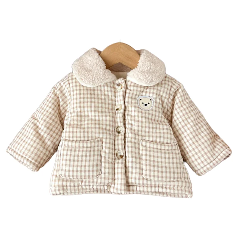 LILIGIRL Winter Baby Girl Clothing  Plaid Coat Warm Fleece Lined Cartoon Bear Embroidery Children Cotton Padded Jacket