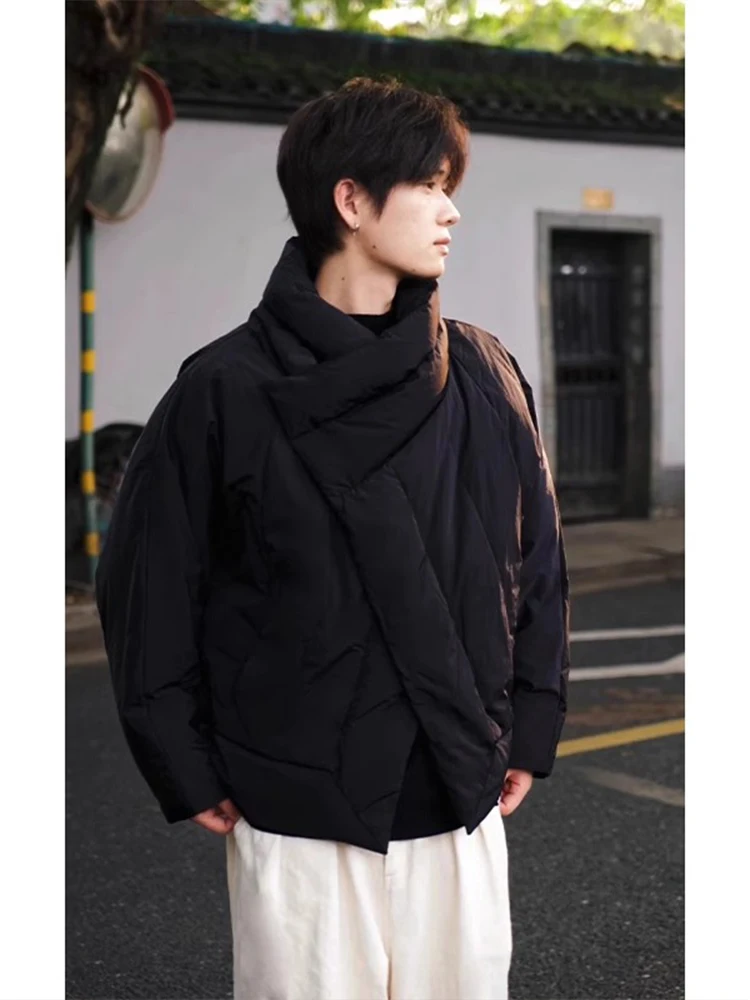

Cleanfit Short down Cotton Jacket Men's Winter Irregular Design Stand Collar Batwing Sleeve Coat Warm Casual Loose Fit