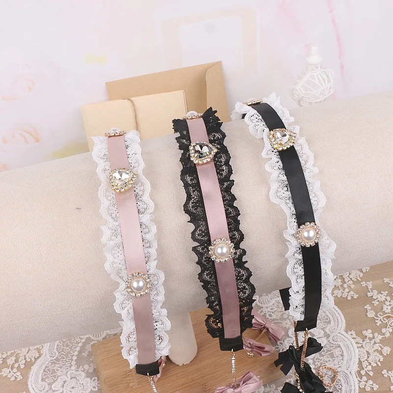 

Японский стиль, ручная работа, милая Лолита, кружево, кулон со стразами, повязка для волос с бантом, тяжелая ремесло, милые кавайные универсальные аксессуары для волос