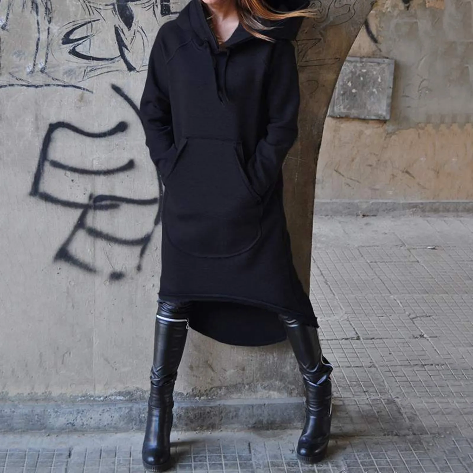 Gothic Black Long Hoodie Sweatshirts With Pockets Solid Color Loose Casual Long Dress Autumn Oversize Streetwear Hoodies Clothes