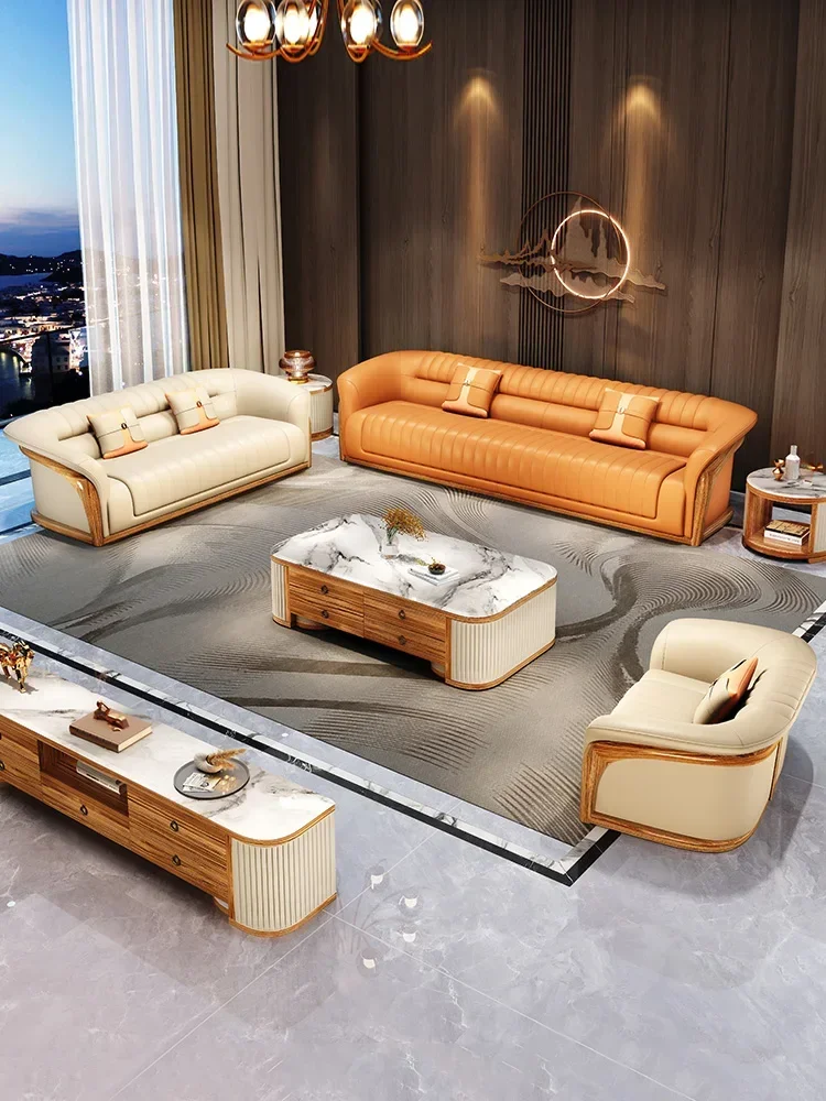 

Italian Light Luxury Ugyen Wood Post-Modern Top Layer Leather Sofa