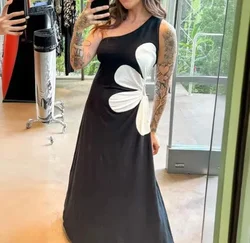 Club Outfit Women 2024 Dresses y2k Colorblock Floral Print One Shoulder Drawstring Sexy Maxi Dress New Fashion Summer Casual