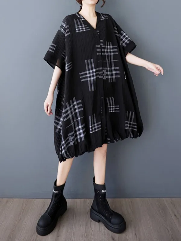 

Plus Size Summer Large Size irt Dr Women's Loose Plaid Splicing Faionable Midi Skirt V-Ne ort Sve A-Line Dr