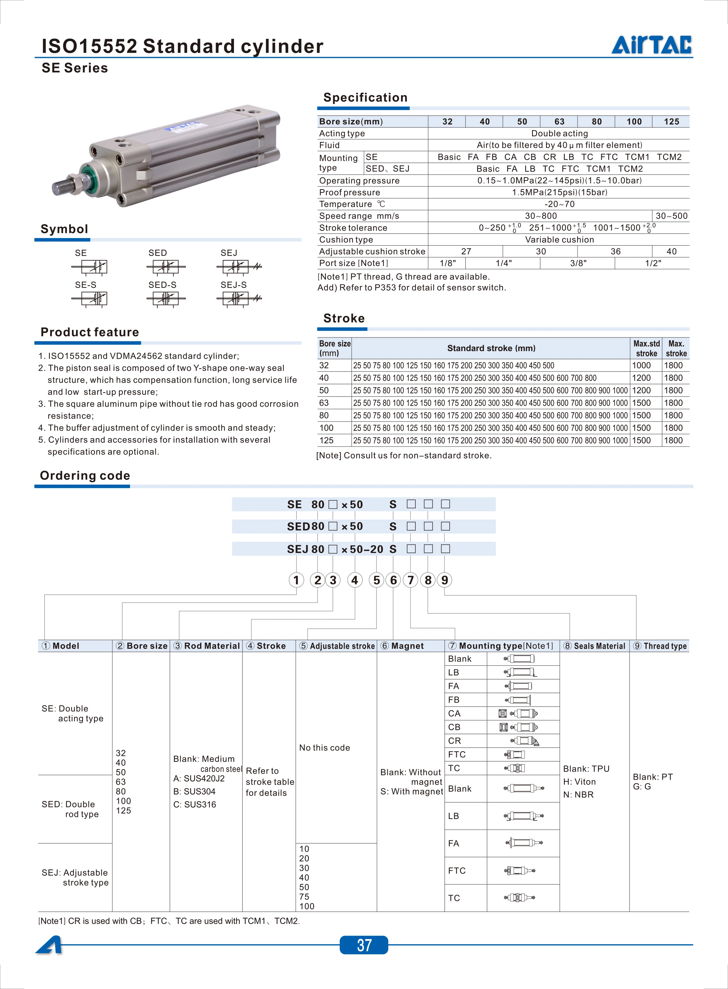 AirTAC Original SE32/40/50/63 Standard Pneumatikzylinder 50/75/100/125/150/200/250/300/400/500/600/800/1000mm Hublänge – Detail 10