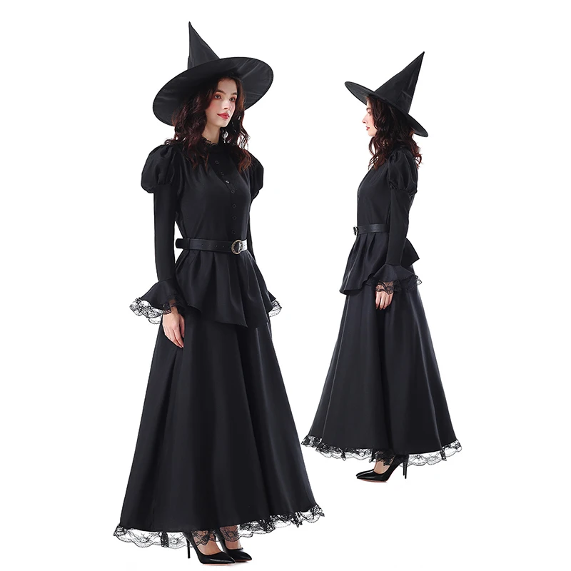 Costume de sorcière méchante pour femmes, robe évasée à manches bouffantes, tenue occidentale pour Cosplay effrayant et déguisement d'halloween avec chapeau de sorcière et ceinture
