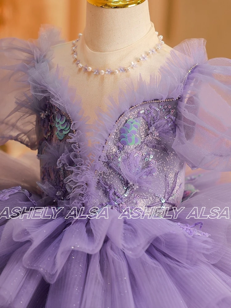 Ashely Alsa Real Pictures Purple Girls Pageant Dress Princess Cinderella Flower Girl Wedding Gown Children Kids Party Wear AA004