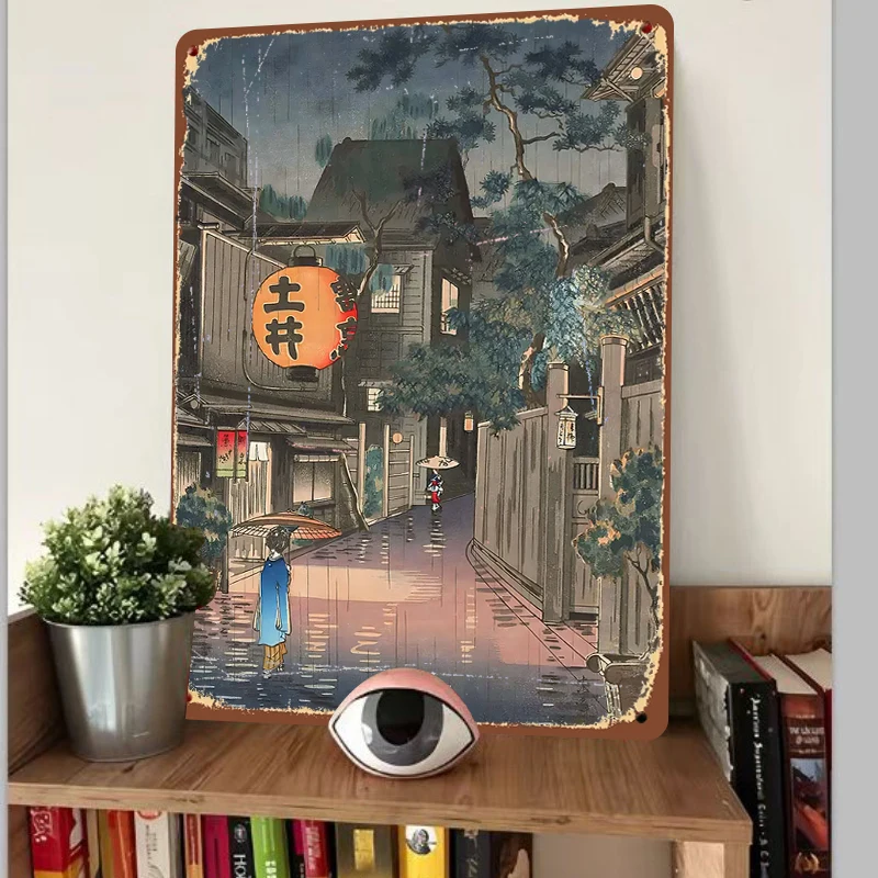 Vintage Japanese Rainy Alley Iron Painting Traditional Ukiyo e Style Wall Art Home Decor