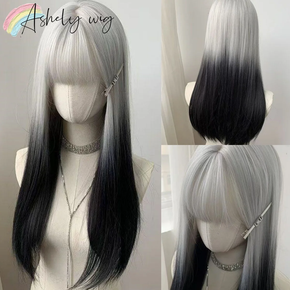 

Long Straight Wig with Bangs 24inch Gray Balck Ombre Hair Natural Wig Woman Cosplay Heat Resistant Synthetic Wigs