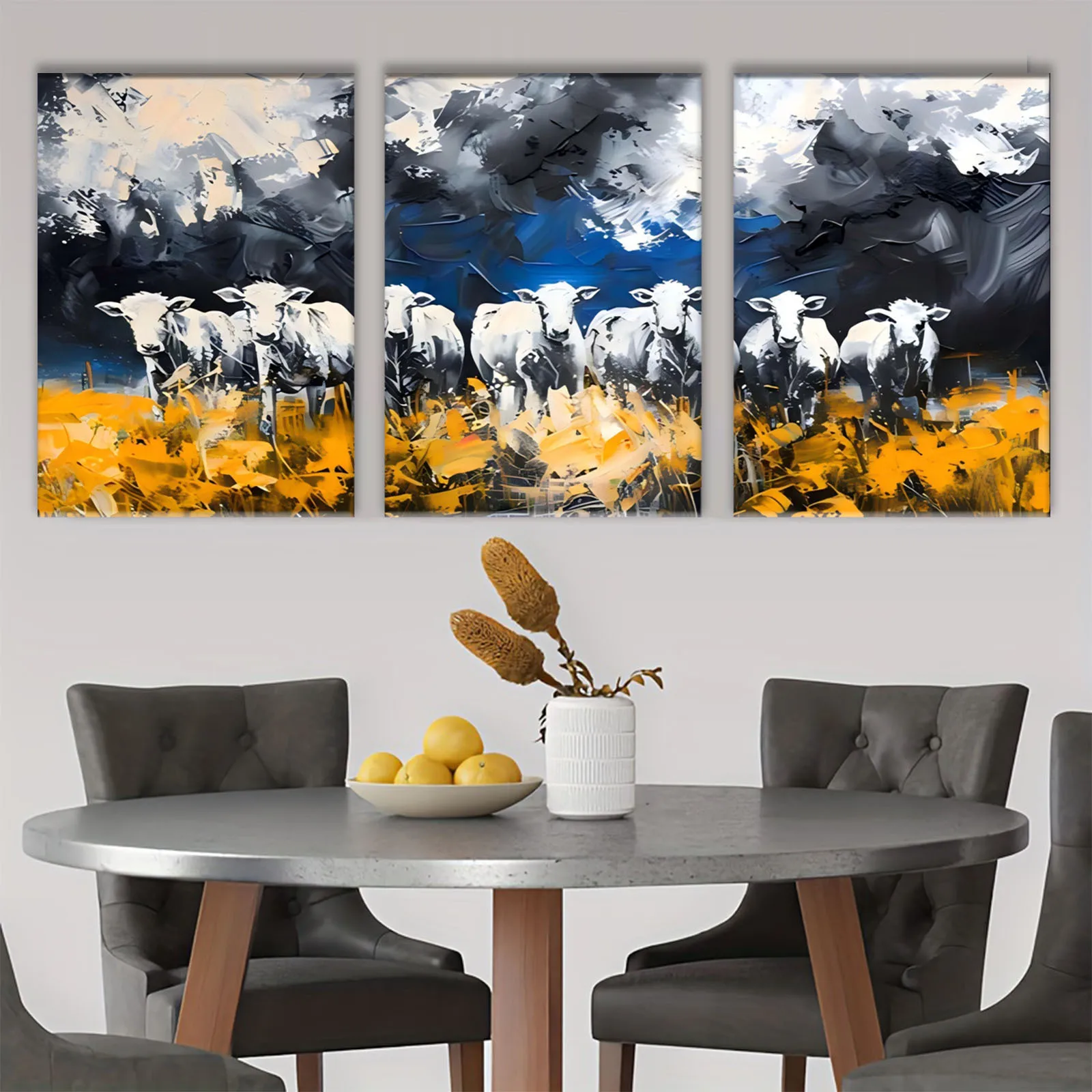 Frameless 3pcs with frame -Dramatic sheep painting triptych golden field Theme Canvas Wall Art Framed Painting Clearance Sale