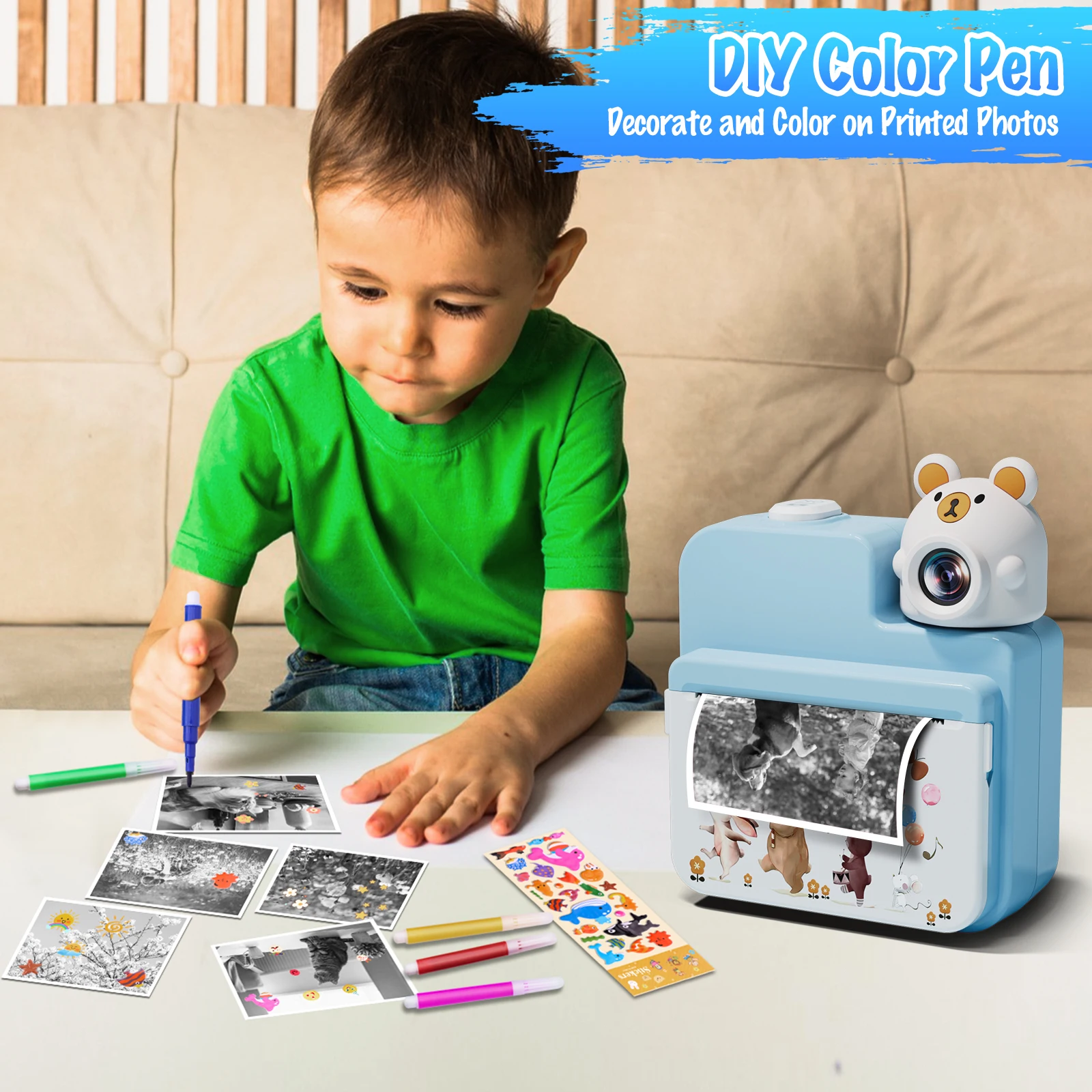 Câmera infantil de impressão instantânea, câmera instantânea infantil de 3,0 '' com cartão 32G e 3 papel de impressão, câmera digital infantil HD 1080P para 6-12 anos