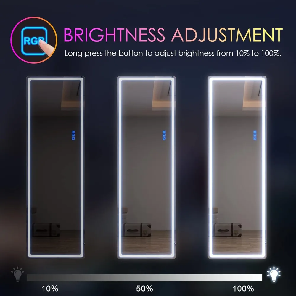 Beleuchteter Bodenspiegel in voller Länge mit RGB-LED, freistehend und an der Wand montierbar, beleuchteter Ganzkörperspiegel für Zuhause und Salon