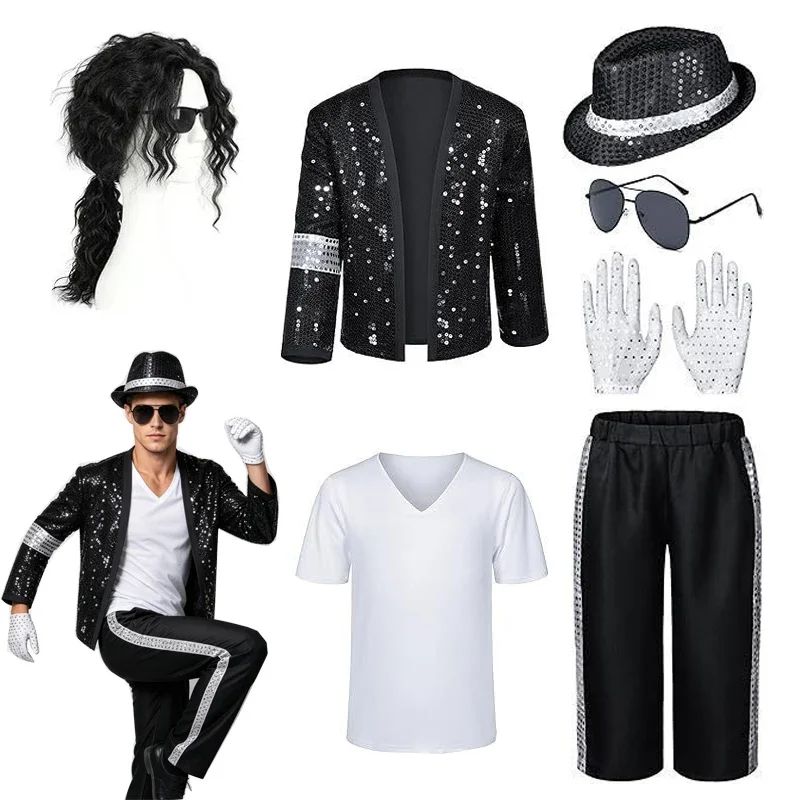 Adult Women Men 80s 90s Pop Star Michael Jackson Cosplay Costume Wig Halloween Stage Performance Hip Hop Dance  Family Clothing view 3