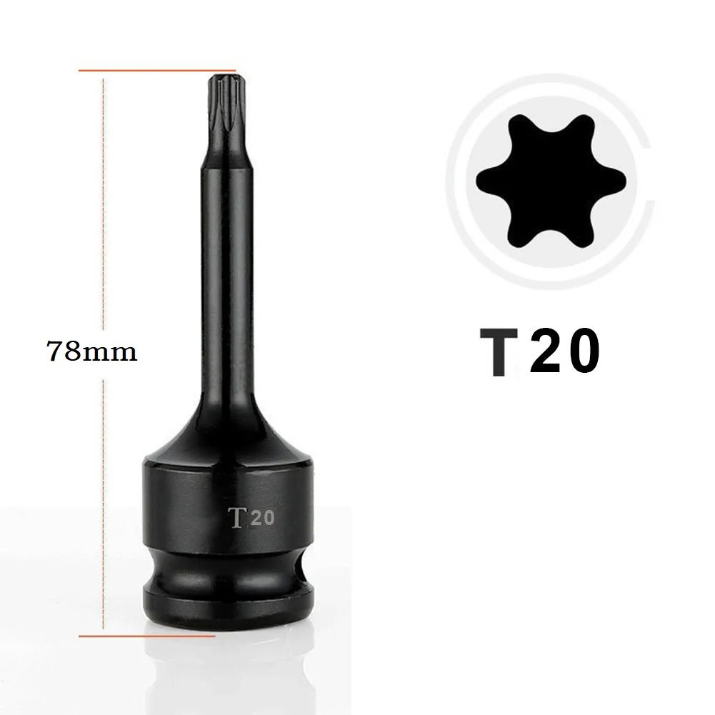 1PC 1/2inch Hex Torx Screwdriver Bit Socket Adapter T20-T100 78mm Resistance Impact Wrench Socket Adapter Hand Tool