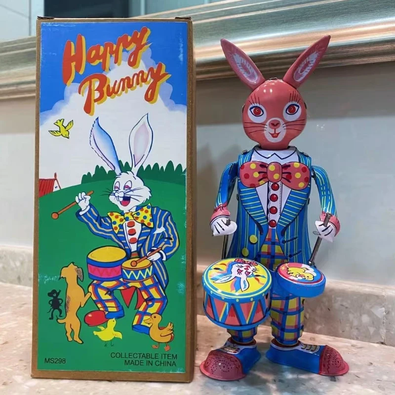 

Room Decoration Classic Metal Tin Clockwork Toy Rabbit Drum Robot Mechanical Toy Vintage Desktop Ornament Gift
